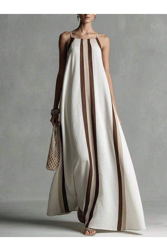 Ivory White Striped Linen-Blend Sleeveless Halter Maxi Slip Dress