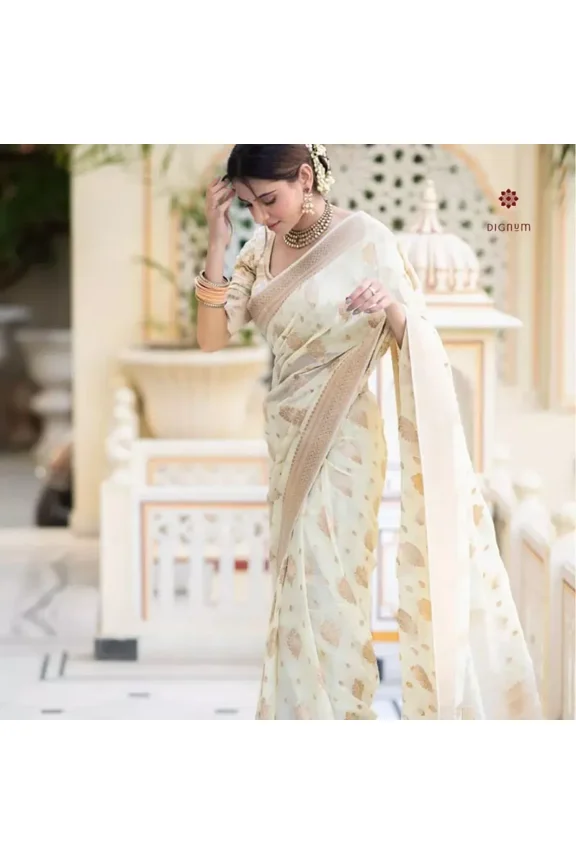 Ivory White Woven Banarasi Georgette Saree