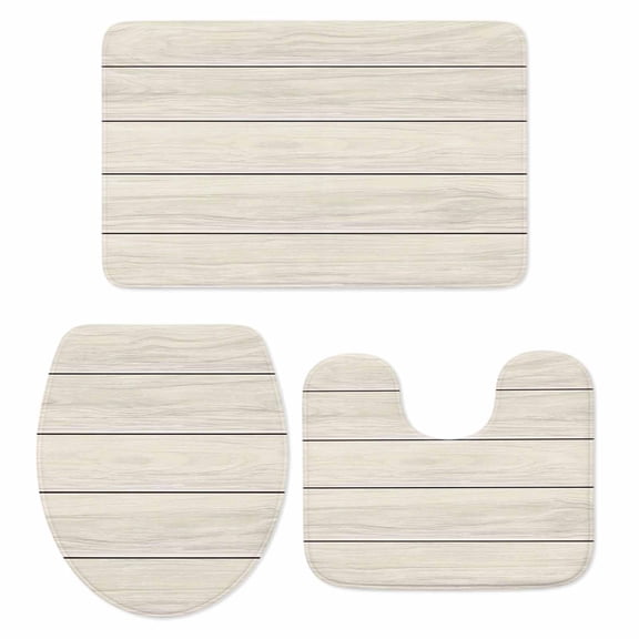 Ivory Wood Grain Bathroom Rugs Set Vintage Ivory Creamy Rustic Wooden Plank Non Slip Absorbent Soft Bath Mats 3 Piece Set with Bathroom Rug, U-Shaped Floor Mat, Toilet Seat Cover Small Size