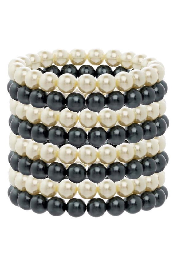 Ivory and Black Glass Pearl Stretch Bracelet Set