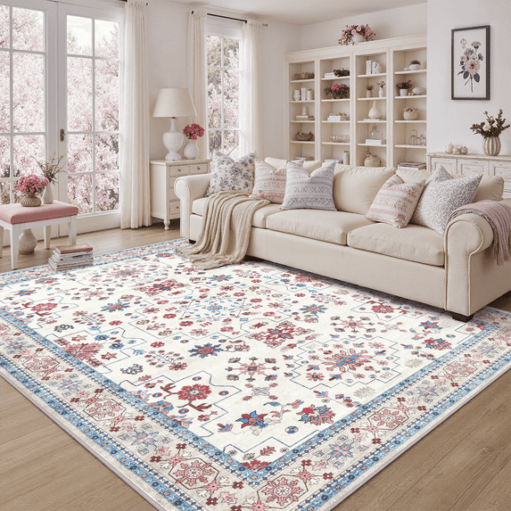 Ivory and Dusty Rose 6x9 Area Rug, Machine Washable, Soft Vintage Floral Rug Non Slip Stain Resistant for Living Room, Bedroom, Dining Room-Pink