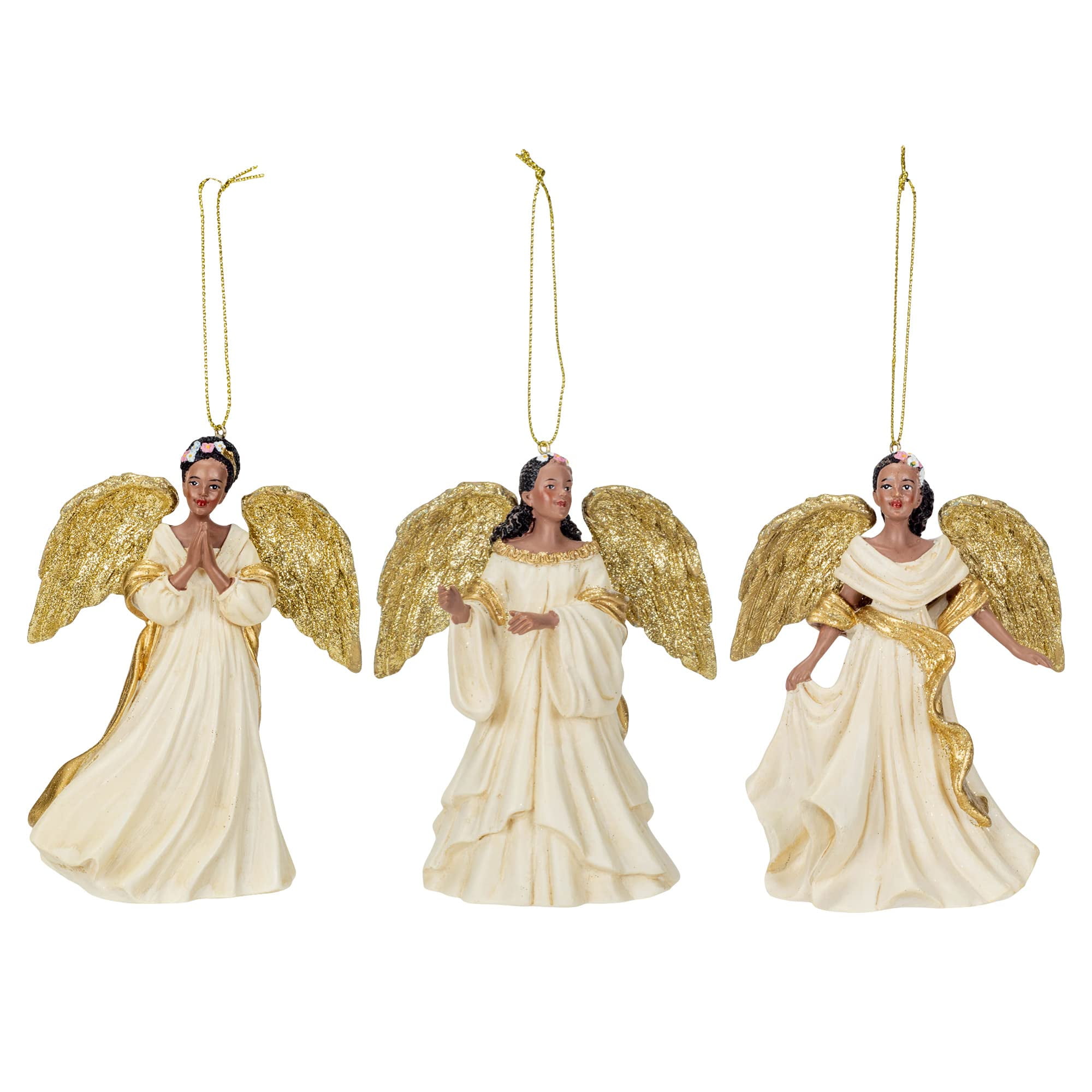 Ivory and Gold Resin Angel Christmas Ornament Set