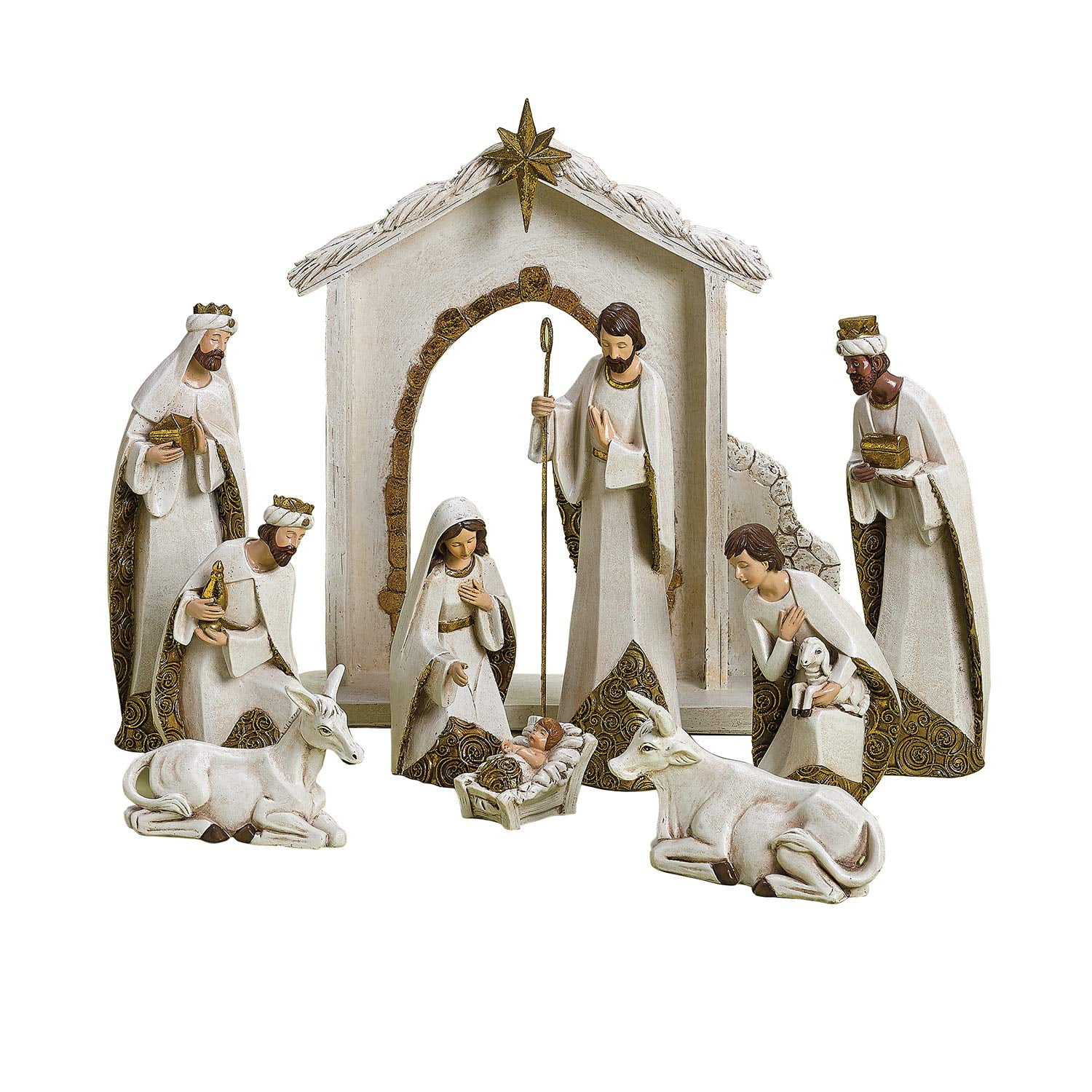 Ivory and Gold Christmas Nativity 10 Piece Set Holiday Decoration New 31379