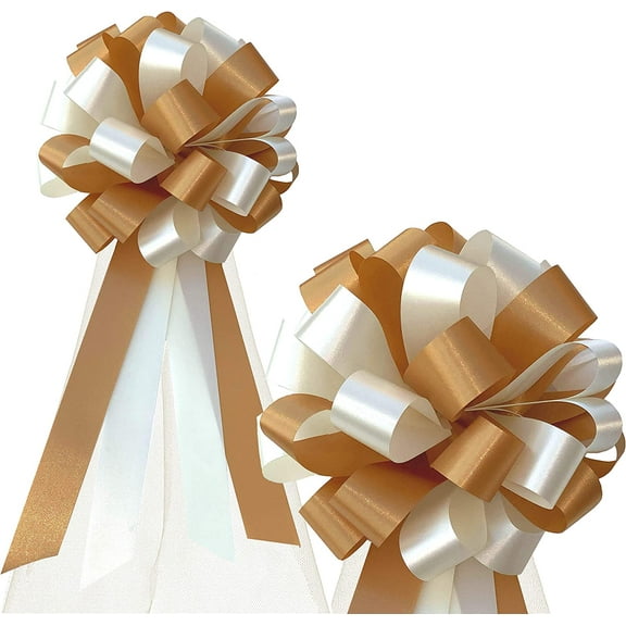 Ivory and Gold Pull Bows with Tulle Tails - 8" Wide, Set of 6, Wedding Pew Bows, Christmas, Reception, Anniversary, Birthday, Fundraiser