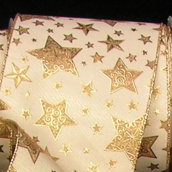 Ivory and Gold Star Print Wired Craft Ribbon 2.5" x 20 Yards