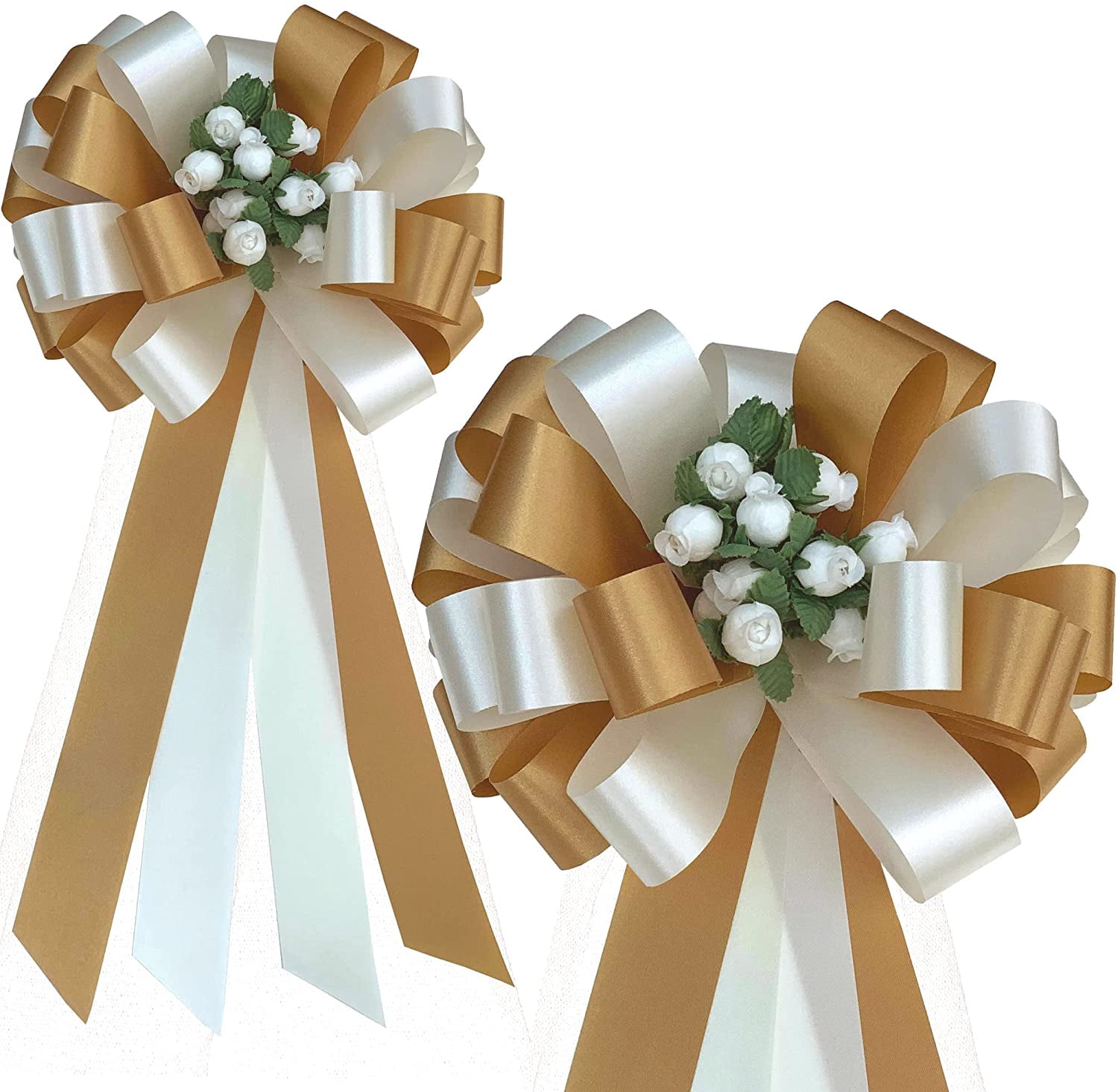 Ivory and Gold Wedding Pull Bows with Tulle Tails and Rosebuds - 8" Wide, Set of 6, Pew Bows, Christmas