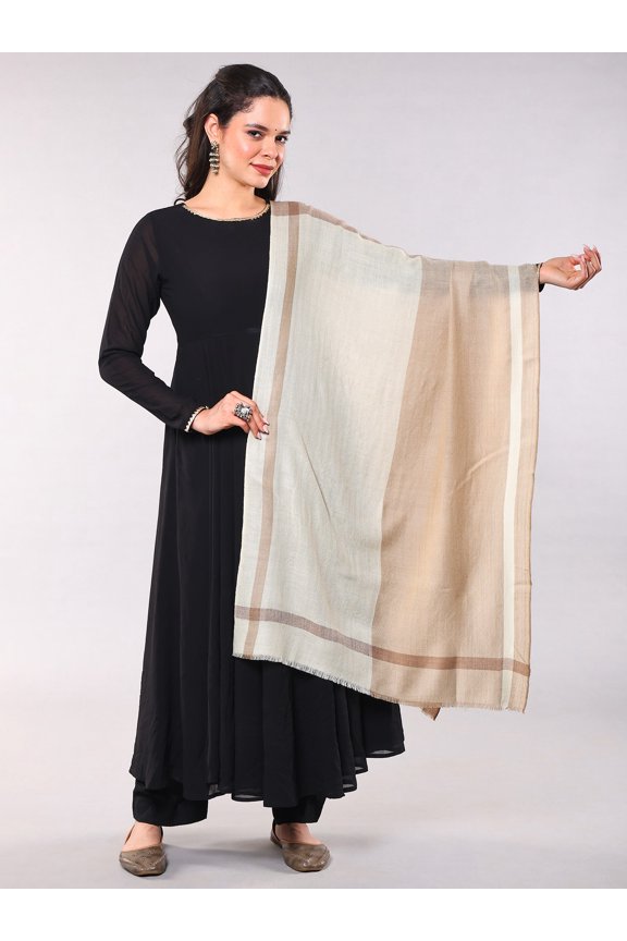Ivory and Light-Brown Pure Wool Stole from Kashmir and Chevron Weave with Four Box Patterns