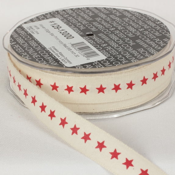 The Ribbon People Ivory and Red Star Printed Woven Edge Craft Ribbon 0.62" x 60 Yards