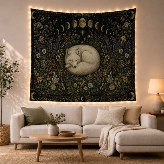 Ivory sleeping fox in a black floral garden, dark woodland celestial Style for woodland and celestial decor fans, Thoughtful Gift for bedroom, living room, reading nook, Tapestry Wall Hanging
