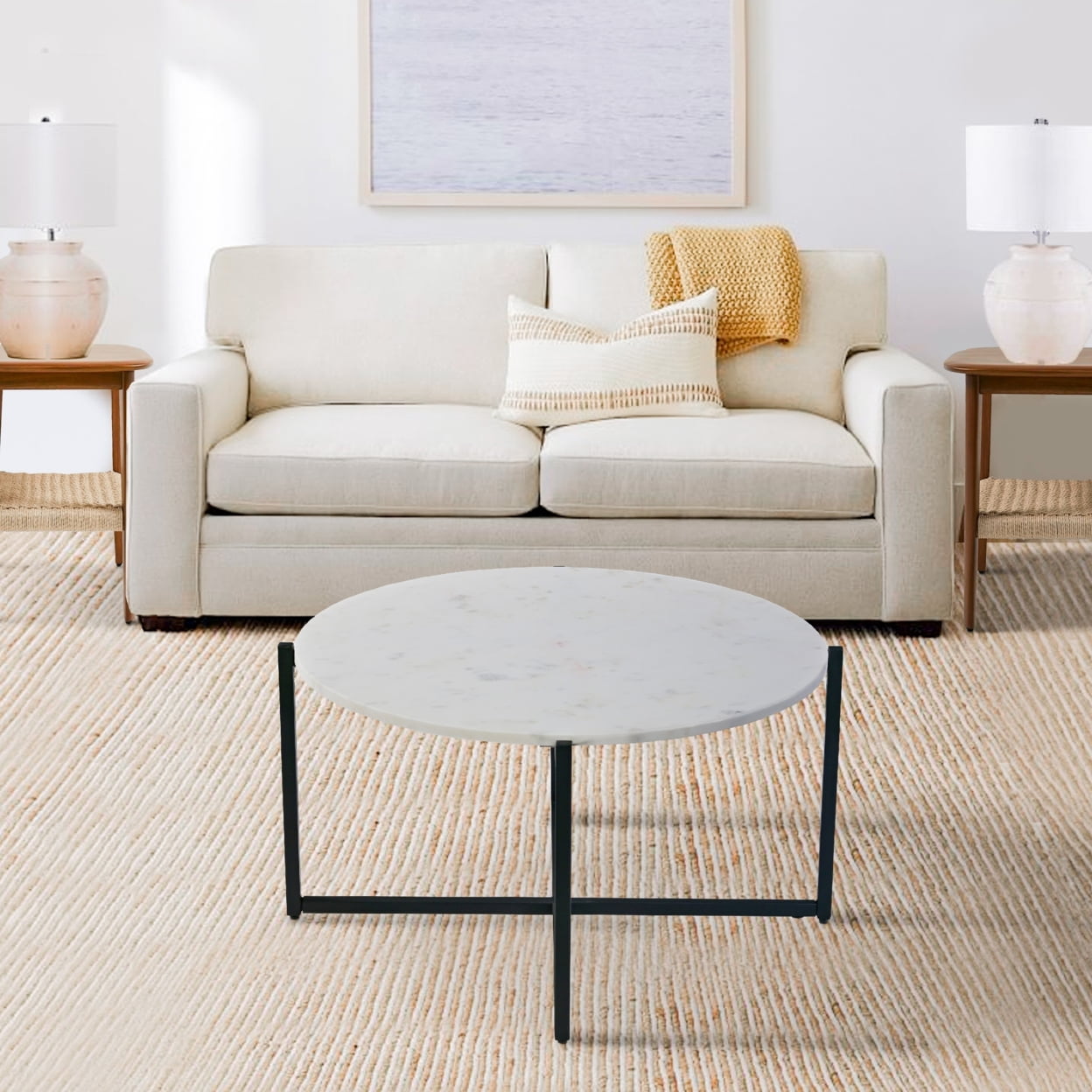 Ivy 30 Inch Marble Top Round Coffee Table with Metal Frame White and ...