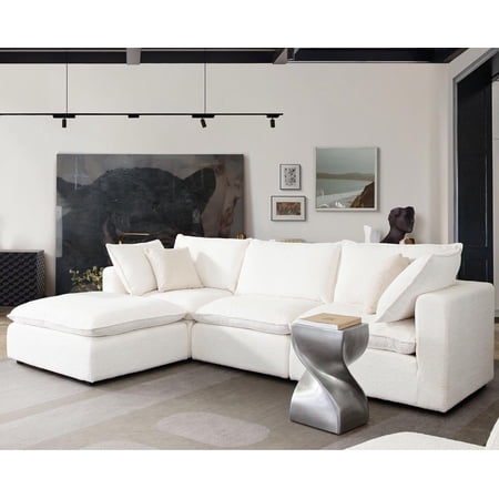 Ivy 4-Piece Reversible Modular Chaise Sectional in White Faux Shearling with Feather Down Seating by Diamond Sofa