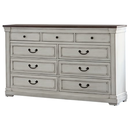 Ivy 63 Inch Modern Dresser, 9 Drawers, Drop Handles, Wood, Brown, White