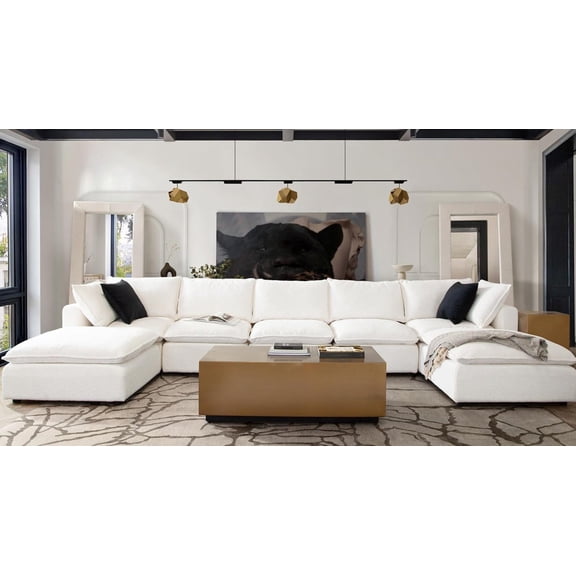 Ivy 7-Piece Dual Chaise Sectional in White Faux Shearling with Feather Down Seating by Diamond Sofa