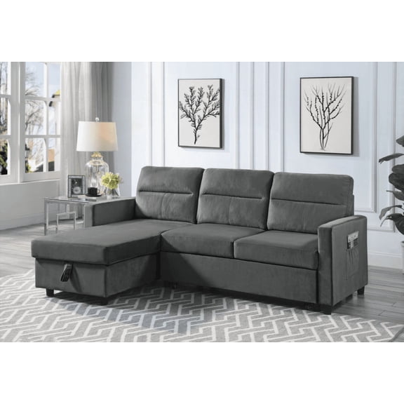Ivy 81.5" Dark Gray Velvet Reversible Sleeper Sectional Sofa with Storage Chaise & Side Pocket - Ideal for Small Spaces & Family Use