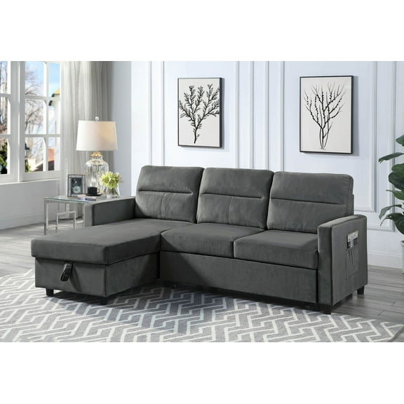 Ivy 81.5" Dark Gray Velvet Reversible Sleeper Sectional Sofa with Storage Chaise and Side Pocket