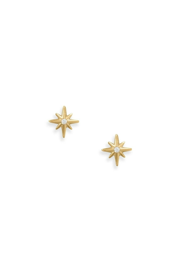 14 Karat Gold Plated Sterling Silver Simulated Diamond North Star Stud Earrings, Made in Italy