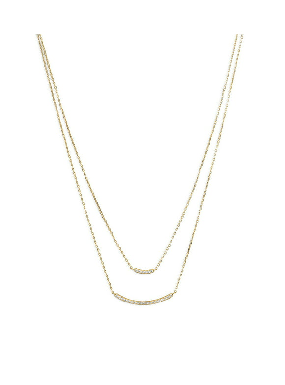 Ivy & Bauble 14K Gold Plated .925 Sterling Silver Double Strand Curved CZ Bar Layered Necklace, 16" + 2" extension, Gift for Women