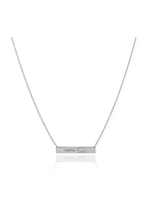 .925 Sterling Silver "Mama Bear" Bar Necklace in Rhodium Plating, 16"+2"