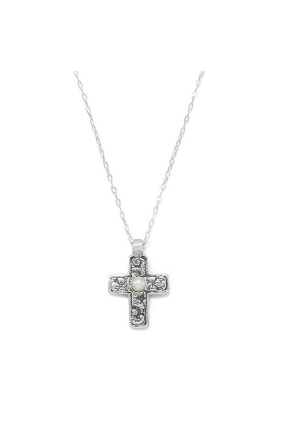 Oxidized Sterling Silver Reversible Cross Charm with Cultured Freshwater Pearl Pendant Necklace, 18 Chain