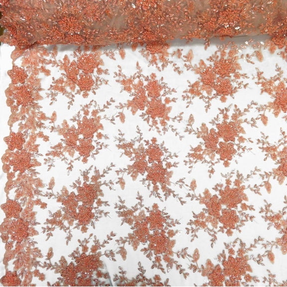 Ivy Bridal Lace Sequins Beaded Scallop Fabric for Dresses 52’’ BTY (Peach)