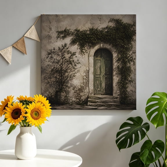 Ivy Covered Archway Canvas Wall Art for Living Room, Rustic Architectural Brown Closed Wooden Door Poster Print Painting for Bedroom Office Home Decoration Wall Pictures Prepare To Hang 8"x8"