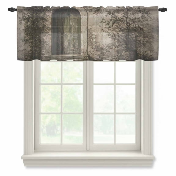 Ivy Covered Archway Sheer Valances for Windows, Rustic Architectural Brown Closed Wooden Door Semi Sheer Kitchen Valance Rod Pocket Small Voile Window Curtains for Living Room Bedroom 42 x 12 Inch