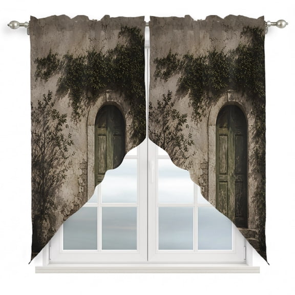 Ivy Covered Archway Swag Curtain Valance for Windows, Rustic Architectural Brown Closed Wooden Door Window Treatments Short Swag Topper for Kitchen Windows Bathroom Bedroom, 36"x63"