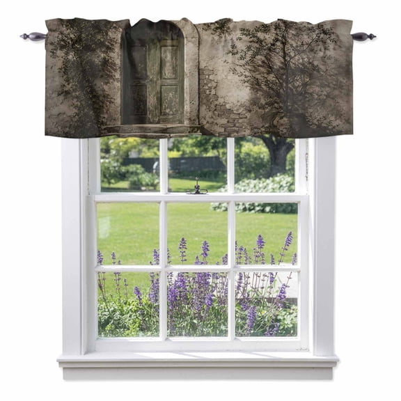 Ivy Covered Archway Valances for Windows, Rustic Architectural Brown Closed Wooden Door Rod Pocket Short Window Valance Curtains Holiday Window Treatment for Kitchen Living Room Bathroom 42" x 12"