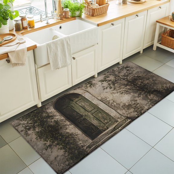 Ivy Covered Archway Washable Runner Rugs 2'x6', Rustic Architectural Brown Closed Wooden Door Washable Runner Rug Non-Slip Sturdy Edge Binding Carpet for Bedside Hallway Runner Kitchen Galley