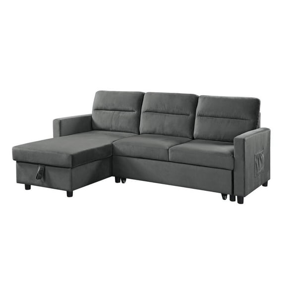 Ivy Dark Gray Velvet Reversible Sleeper Sectional Sofa with Storage Chaise and Side Pocket