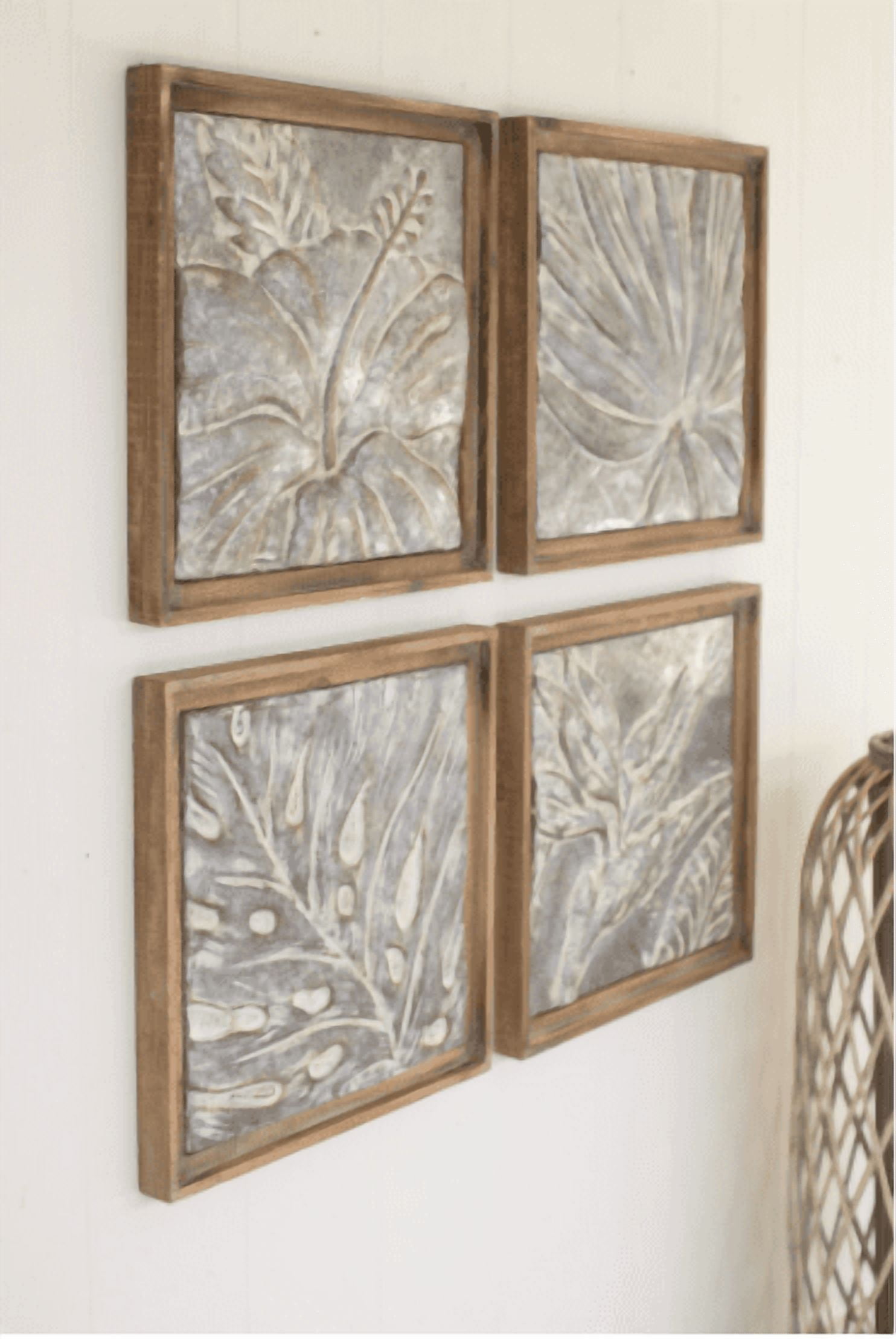 Ivy Deco Set Of Four Framed Tropical Pressed Metal Tiles