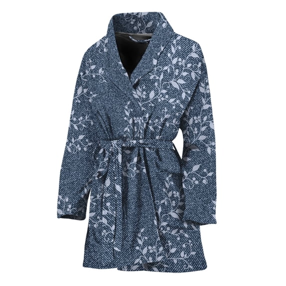 Ivy Flower Denim Jeans Pattern Women Bathrobe One Size Univeral Fits, Floral Fashion Lightweight Plush Fleece Long Robe For Women