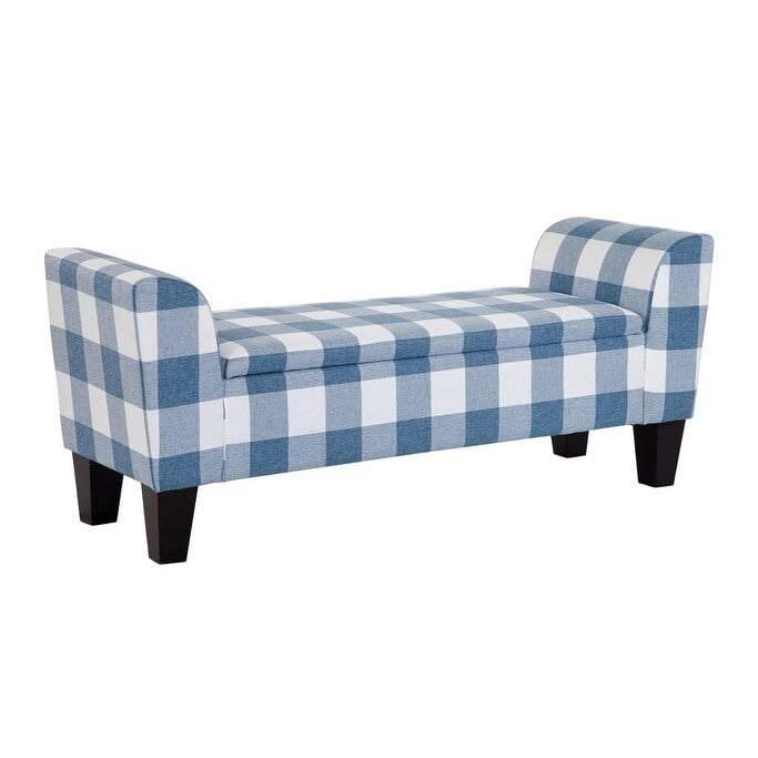 Ivy Grafton Home Claire Upholstered Transitional Storage Bench Blue White Checker Fabric Foam Fabric Plaid Pattern Transitional Fabric