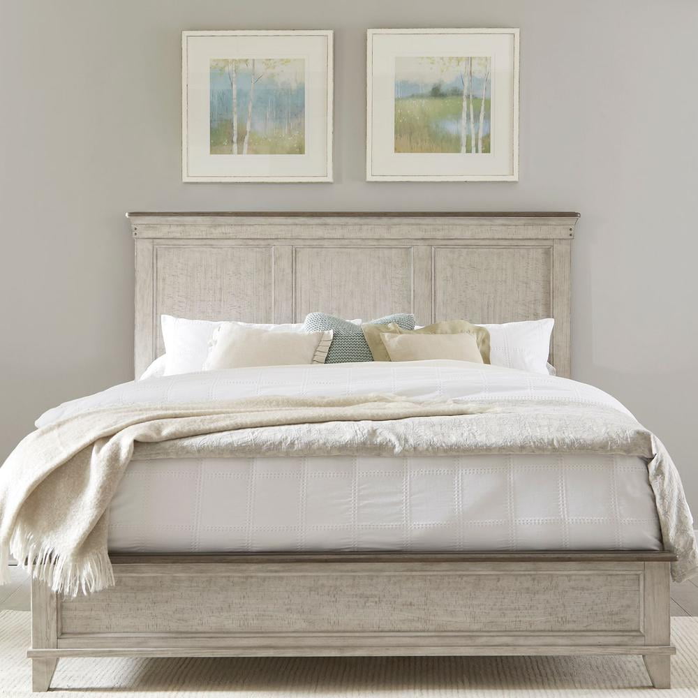 Cream Linen Upholstered King Panel Bed with Nailhead Trim