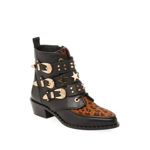 Ivy Kirzhner Steampunk Studded Ankle Boot Natural Leopard Pointed Toe Booties (8)
