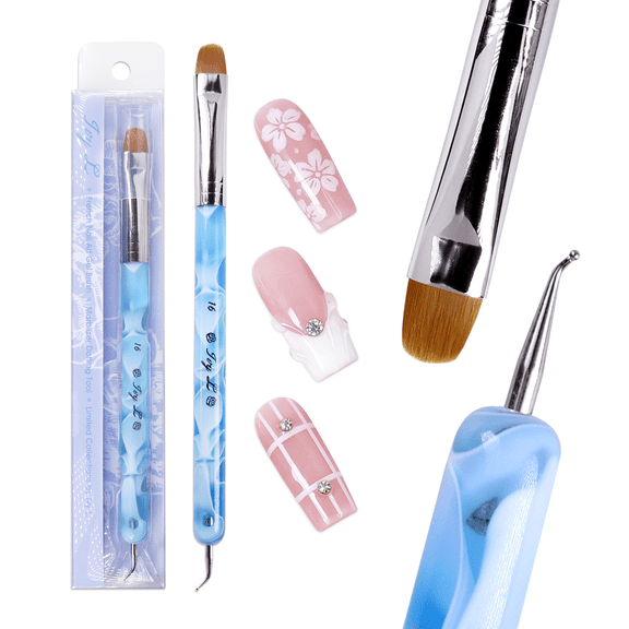 Ivy L French Manicure Gel Nail Brush & Dotting Tool with Blue and White Marble Swirl Handle Size 16 (20 pieces)