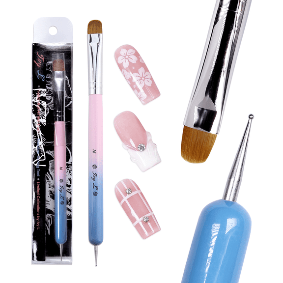 Ivy L Premium 2 Way Frech Manicure Gel Nail Brush and Dotting Tool - Pink Blue Wood Handle - Size 16