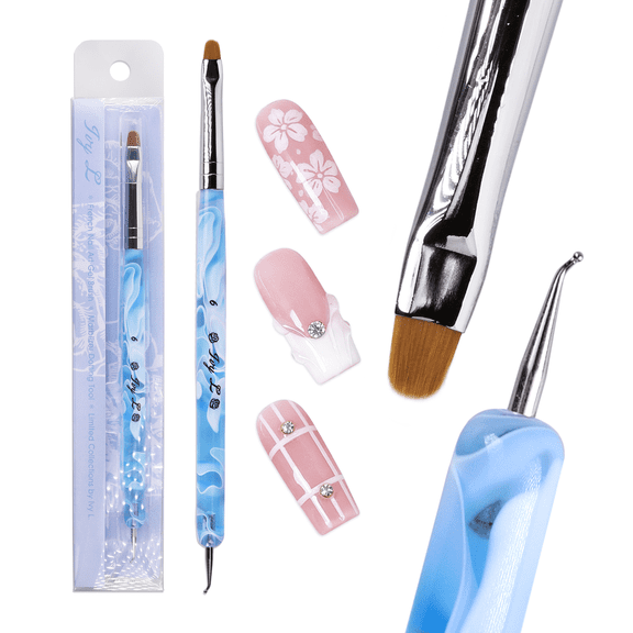 Ivy L Premium 2 Way French Manicure Gel Nail Brush and Dotting Tool - Blue and White Marble Acrylic Handle - Size 6