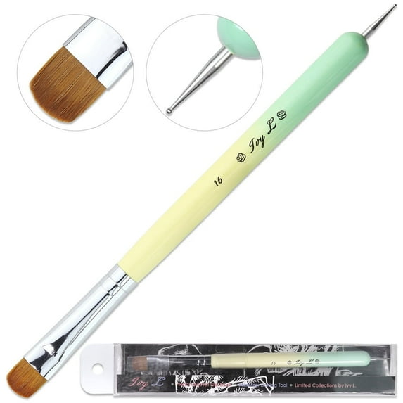 Ivy L Premium 2 Way French Manicure Gel Nail Brush and Dotting Tool - Lime Green Wood Handle - Size 16