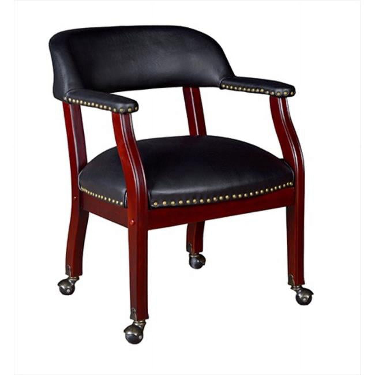 Elegant Black Vinyl and Mahogany Wood Captain Chair with Brass Casters