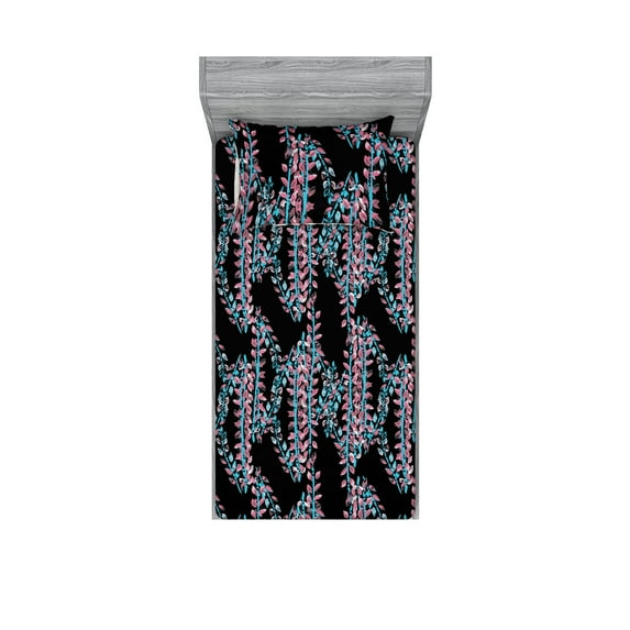 Ivy Leaves Fitted Sheet & Pillow Sham Set, Contemporary Design of Fantasy Themed Dreamy Leafy Pattern on Dark Back, Decorative Printed 2 Piece Bedding Decor, Twin, Aqua Pastel Pink, by Ambesonne