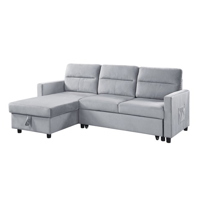 Ivy Light Gray Velvet Reversible Sleeper Sectional Sofa with Storage