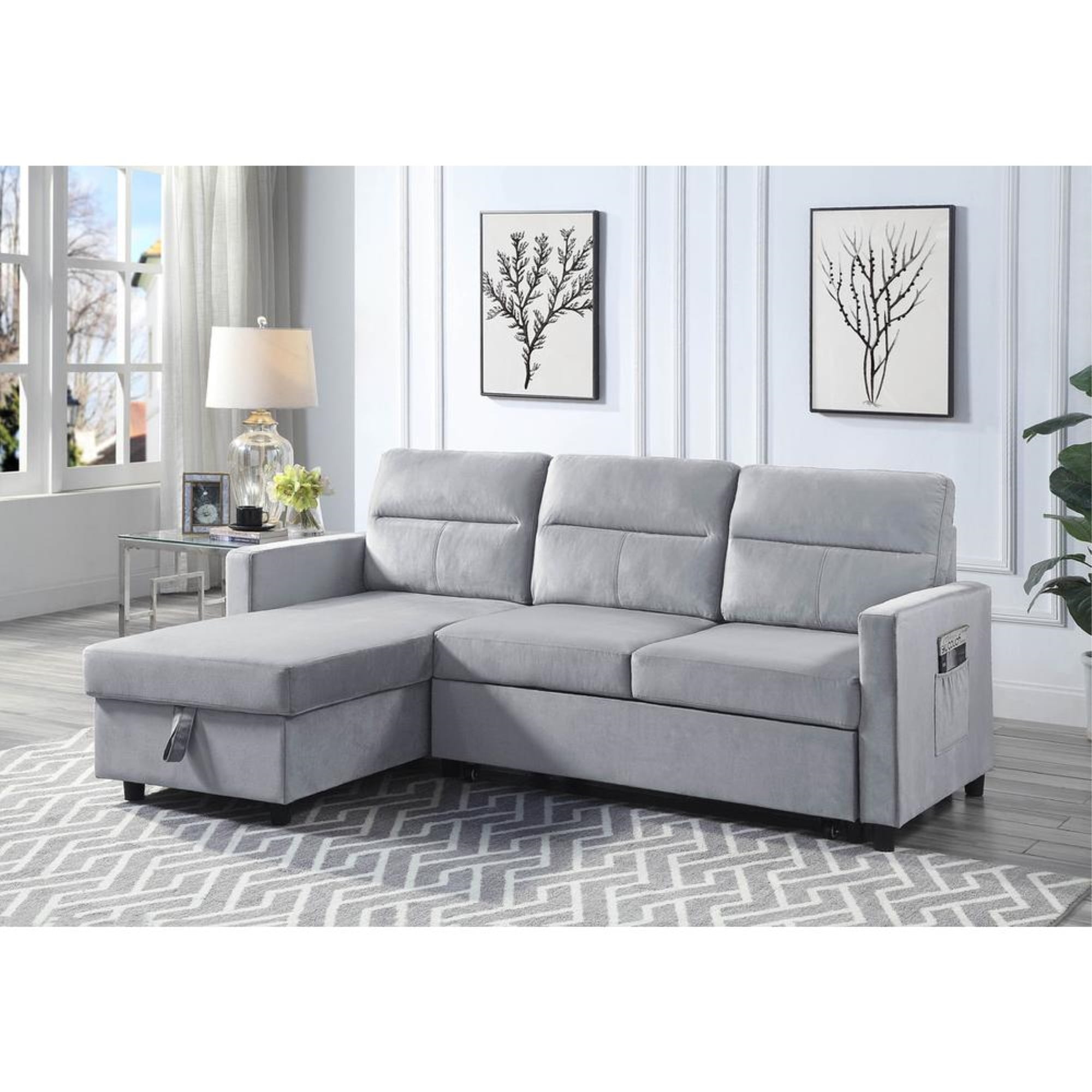 Ruby Light Gray Velvet Reversible Sleeper Sectional Sofa with Storage ...