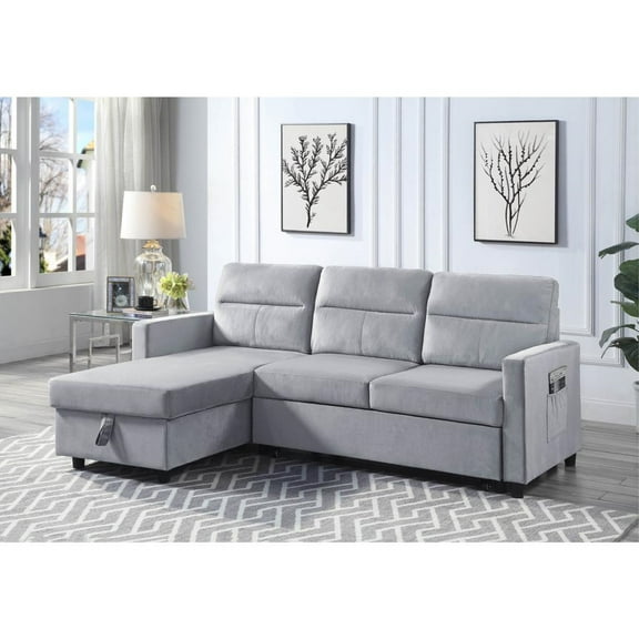 Ruby Light Gray Velvet Reversible Sleeper Sectional Sofa with Storage Chaise and Side Pocket