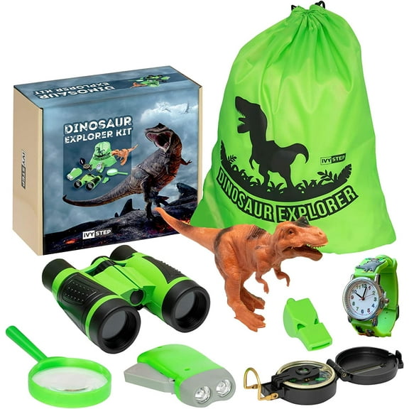 Ivy Step Outdoor Dinosaur Explorer Kit for Boys and Girls Ages 3-8 Including Tyrannosaurus Rex, Stegosaurus, Binoculars, Flashlight, Magnify Glass, Prehistoric Crocodile Watch and Carry Bag