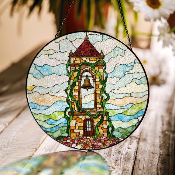 Ivy Tower Bell Scene Glass Suncatcher, Window Decor, for Christmas, 3.5 in