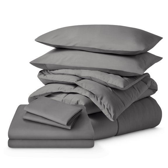 Ivy Union 7 Piece Box Stitched Comforter and Sheet Set - Comfy, Breathable, All Season - Full, Grey