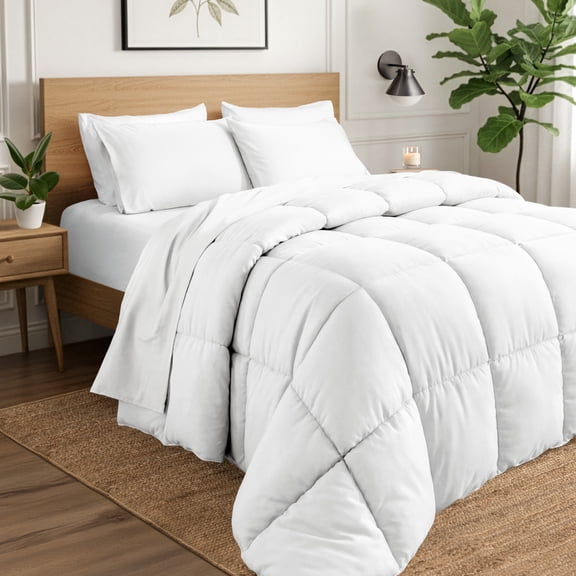 Ivy Union Comforter Set - Box Stitch - Easy Care Ultra-Soft Microfiber - All Season Warmth - Bedding Comforter - Full/Queen, White