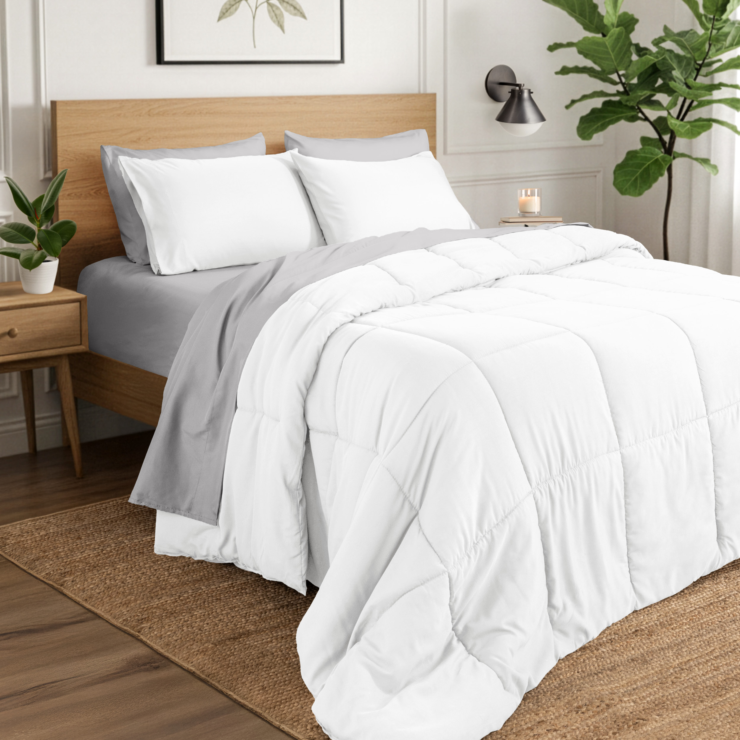 Ivy Union Comforter Set - Box Stitch - Easy Care Ultra-Soft Microfiber - All Season Warmth - Bedding Comforter - Full/Queen, White