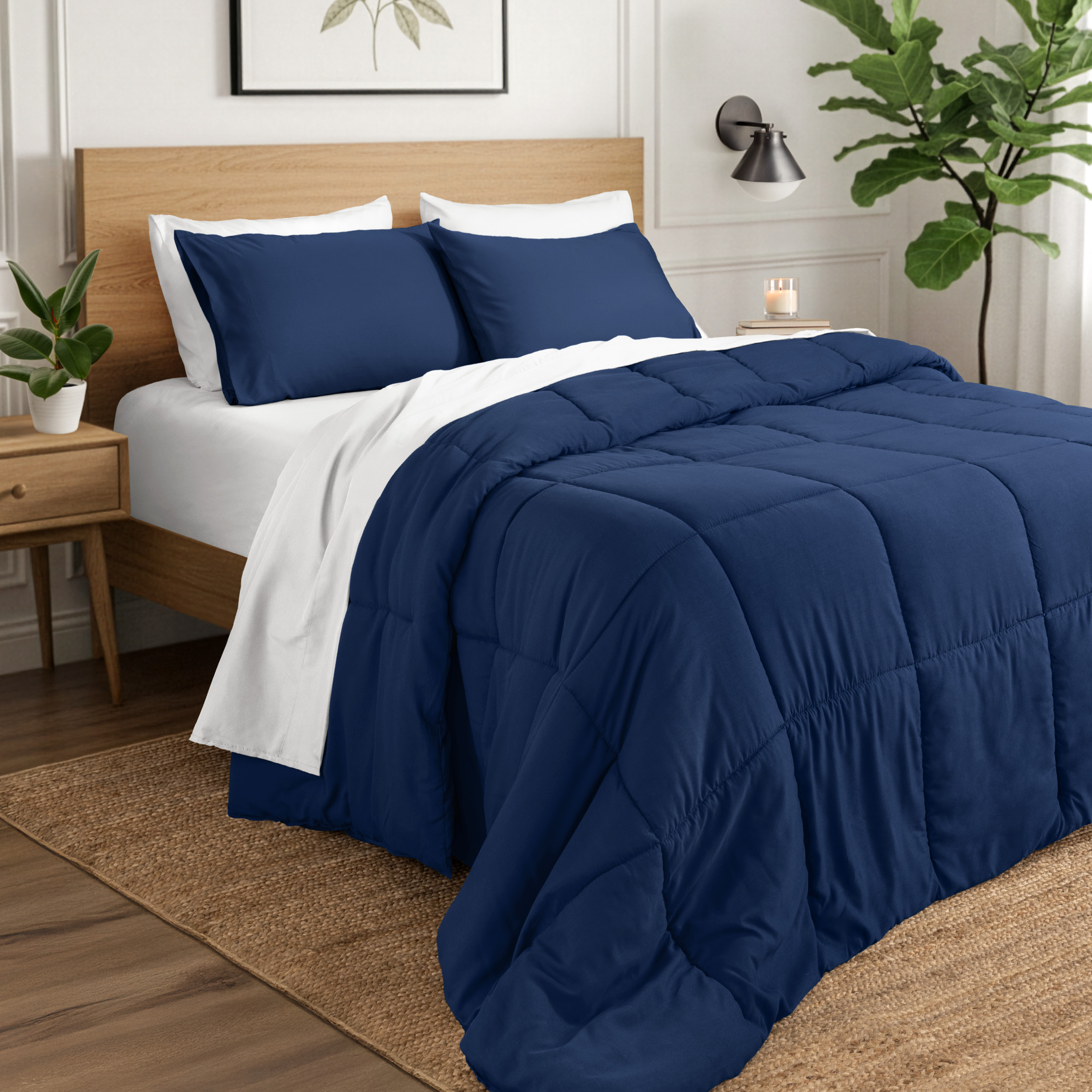 Ivy Union Comforter Set - Box Stitch - Easy Care Ultra-Soft Microfiber - All Season Warmth - Bedding Comforter - King/Cal King, Dark Blue